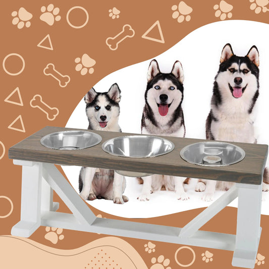 3 Bowl Dog Feeder and Stand Best triple diner feeder with White Bases & Slow Feed Option BearwoodEssentials-Elevated Pet Feeders