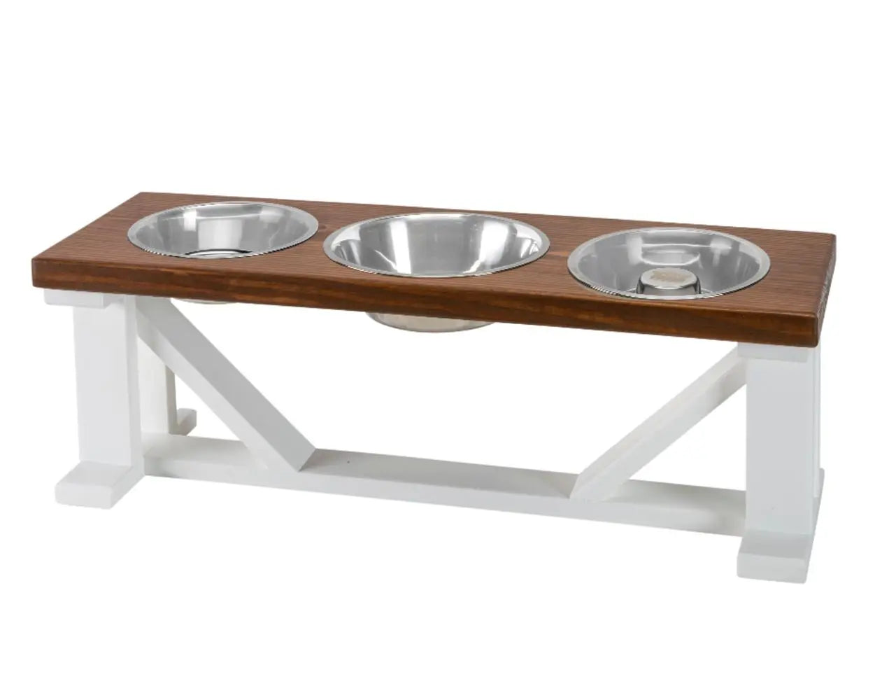 3 Bowl Dog Feeder and Stand Best triple diner feeder with White Bases & Slow Feed Option BearwoodEssentials-Elevated Pet Feeders