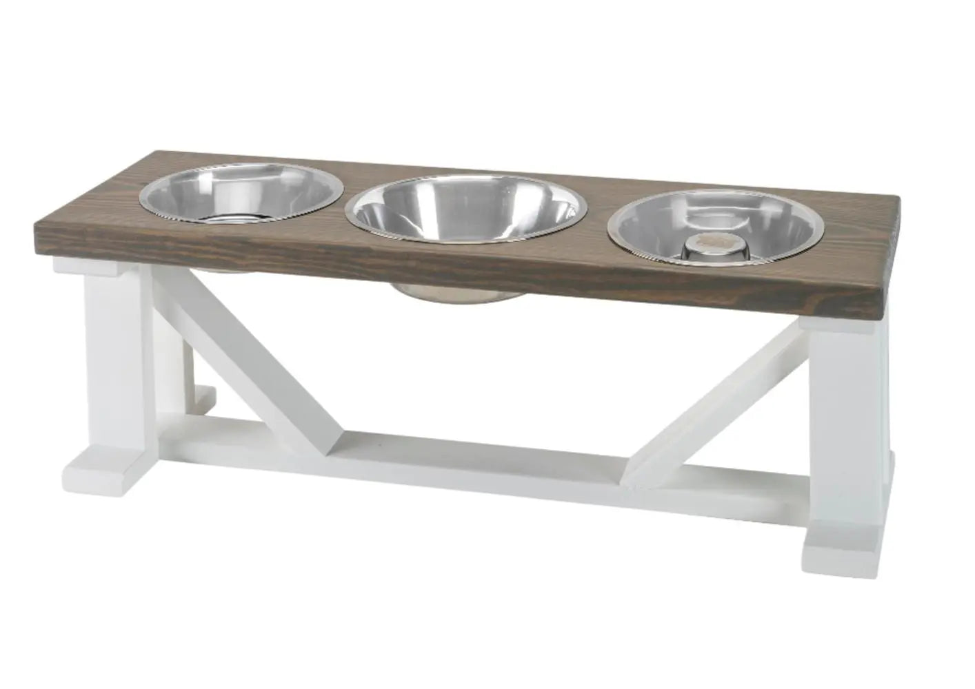 3 Bowl Dog Feeder and Stand Best triple diner feeder with White Bases & Slow Feed Option BearwoodEssentials-Elevated Pet Feeders