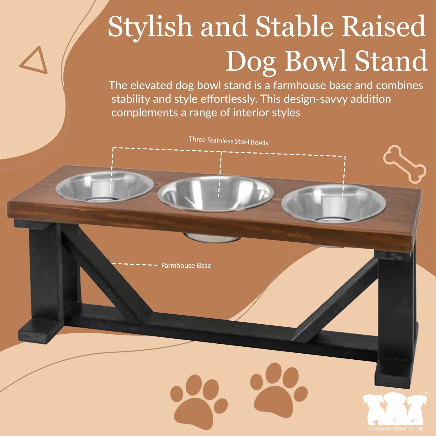 3 Bowl Dog Stand Best Pets Triple Dinner Feeder With Black Bases - Perfect For Big Dogs BearwoodEssentials-Elevated Pet Feeders