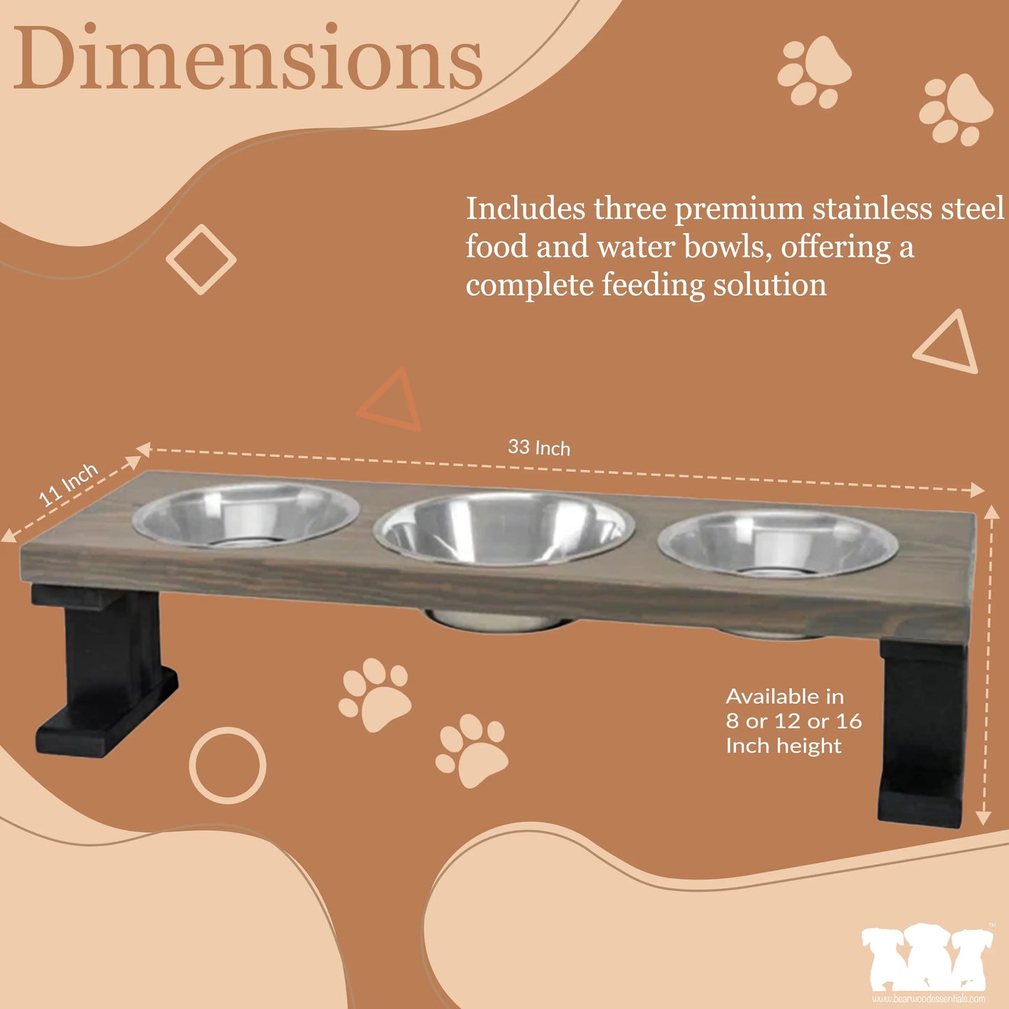 3 Bowl Elevated Regular Feeder - New Design BearwoodEssentials-Elevated Pet Feeders