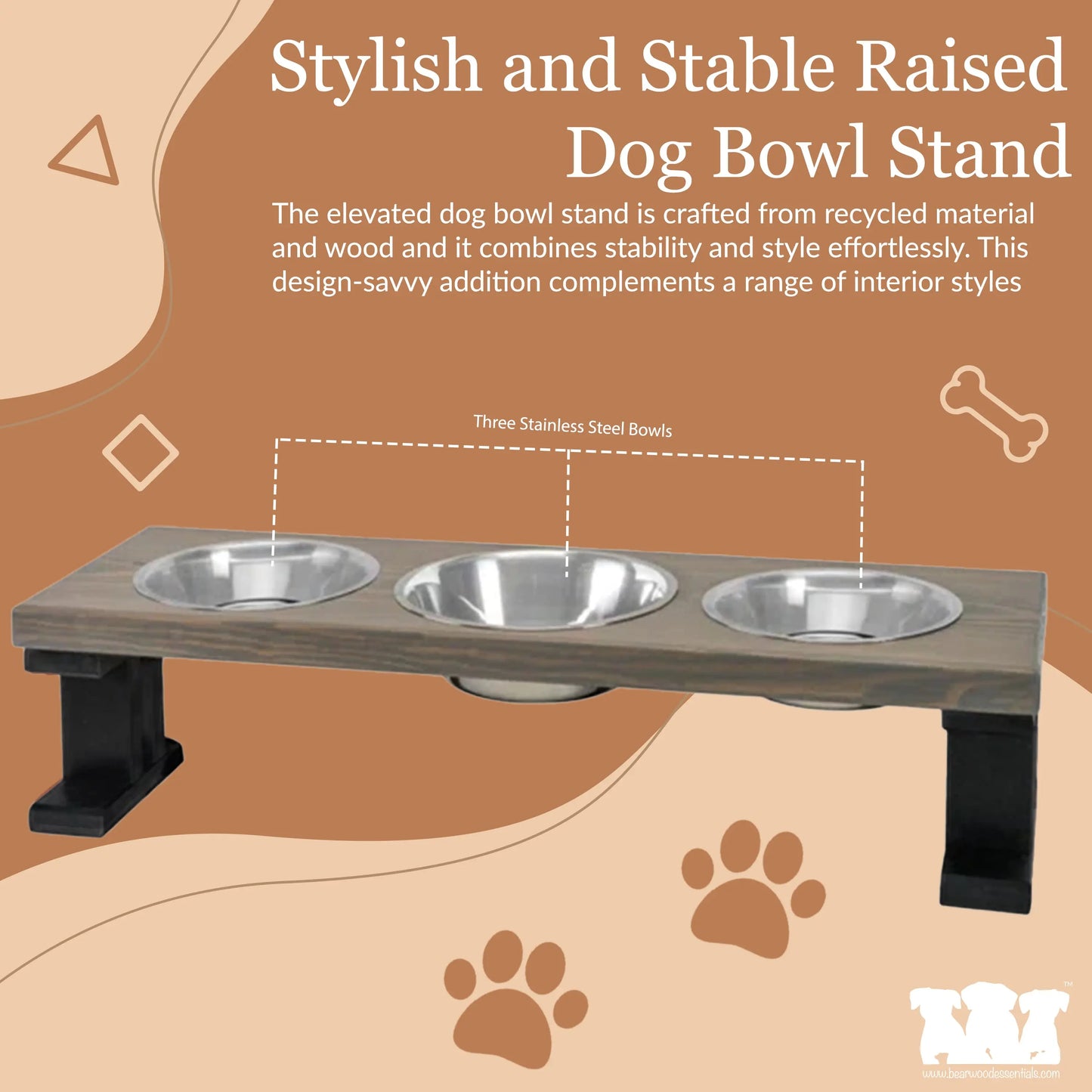 3 Bowl Elevated Regular Feeder - New Design BearwoodEssentials-Elevated Pet Feeders