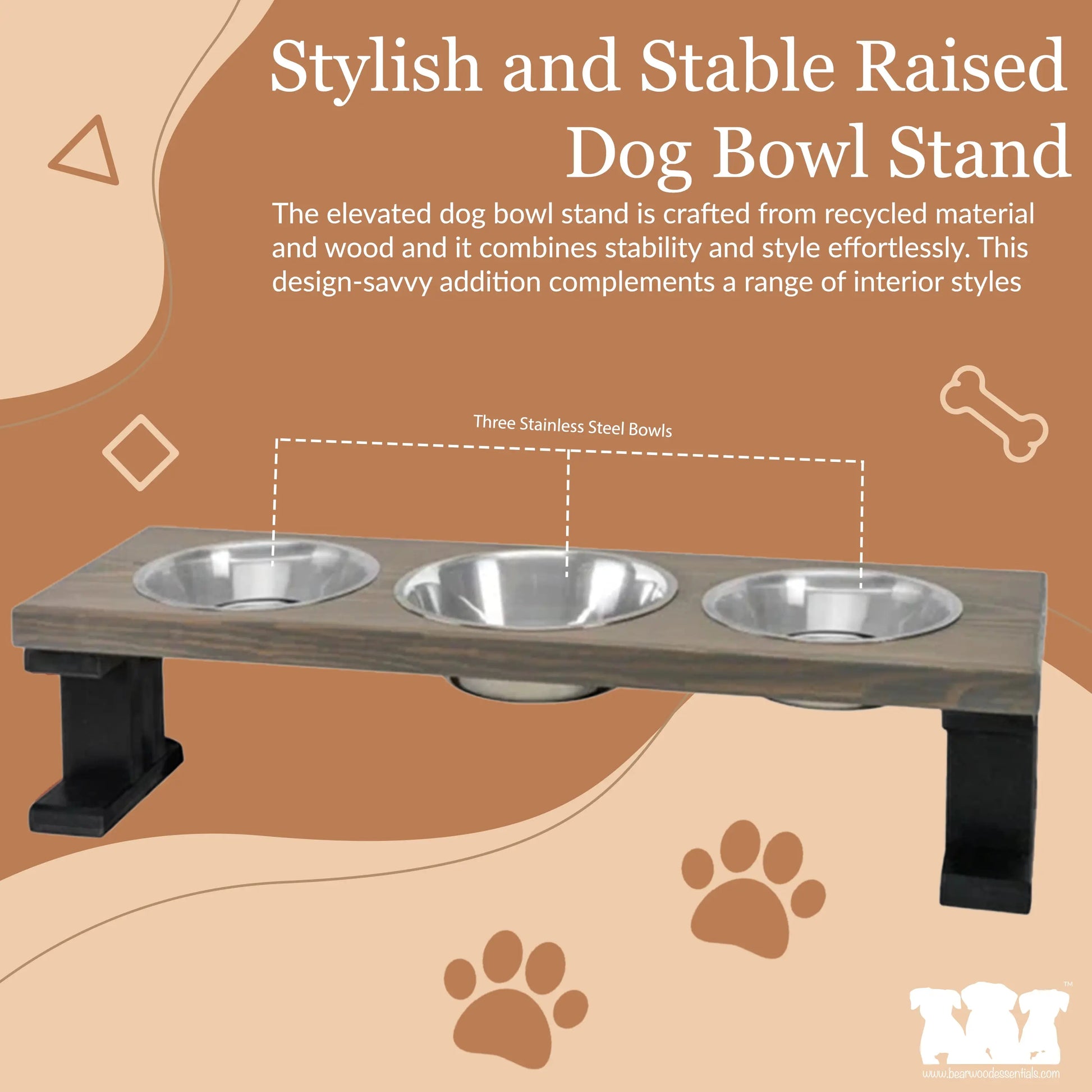 3 Bowl Elevated Regular Feeder - New Design BearwoodEssentials-Elevated Pet Feeders