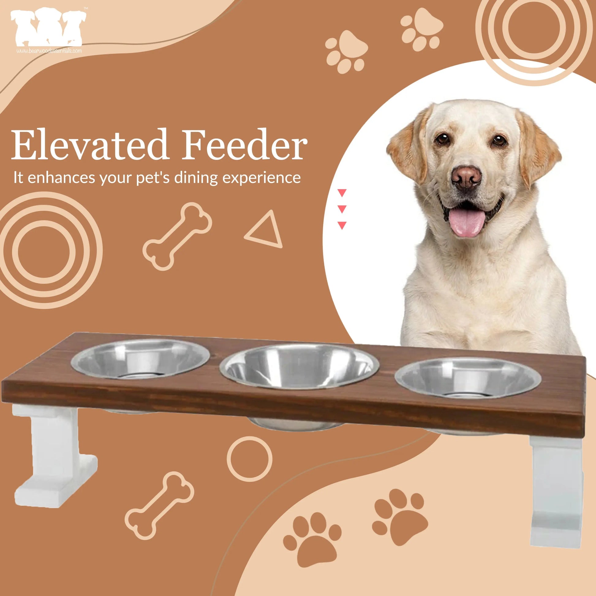 3 Bowl Elevated Regular Feeder - New Design - White Base BearwoodEssentials-Elevated Pet Feeders