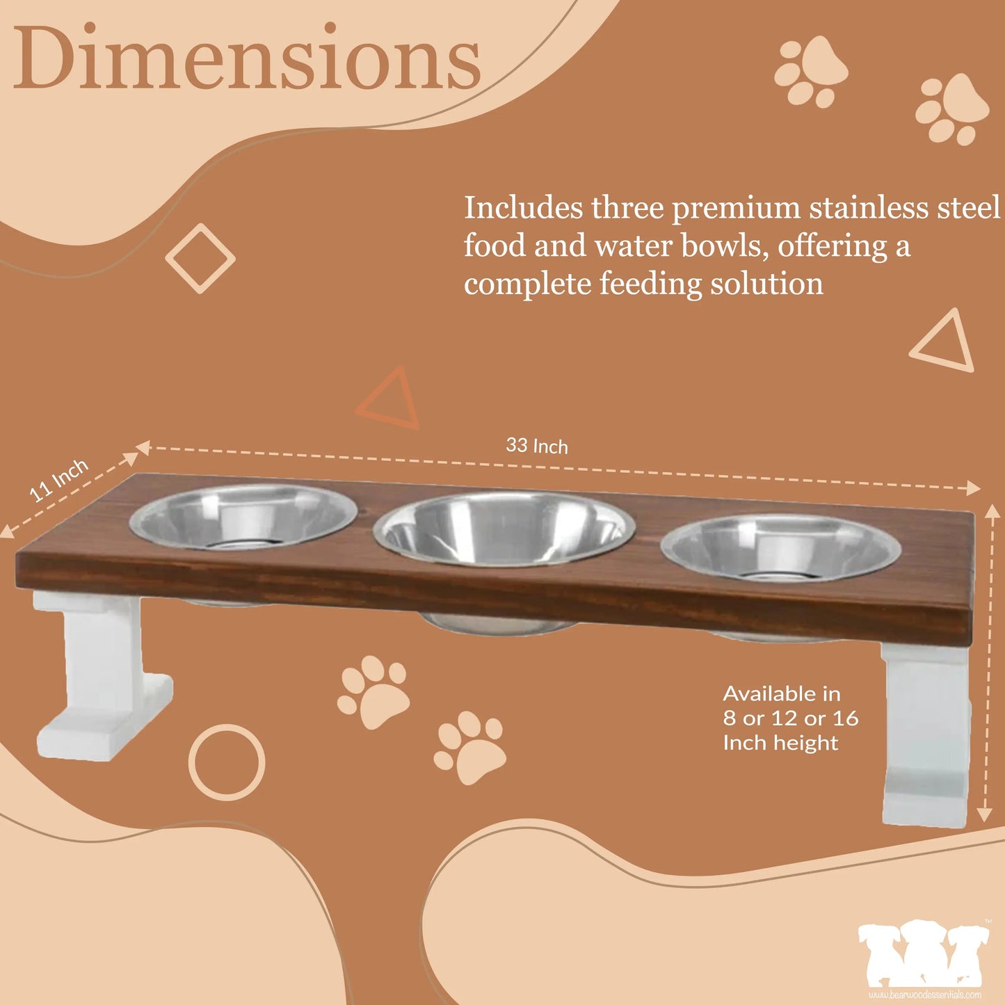 3 Bowl Elevated Regular Feeder - New Design - White Base BearwoodEssentials-Elevated Pet Feeders