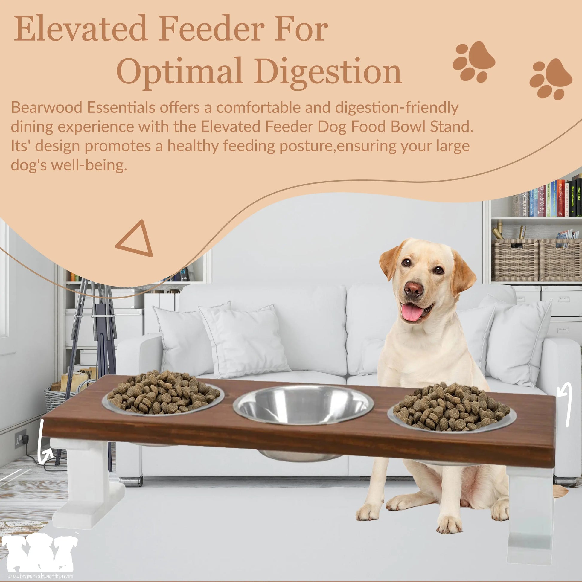 3 Bowl Elevated Regular Feeder - New Design - White Base BearwoodEssentials-Elevated Pet Feeders
