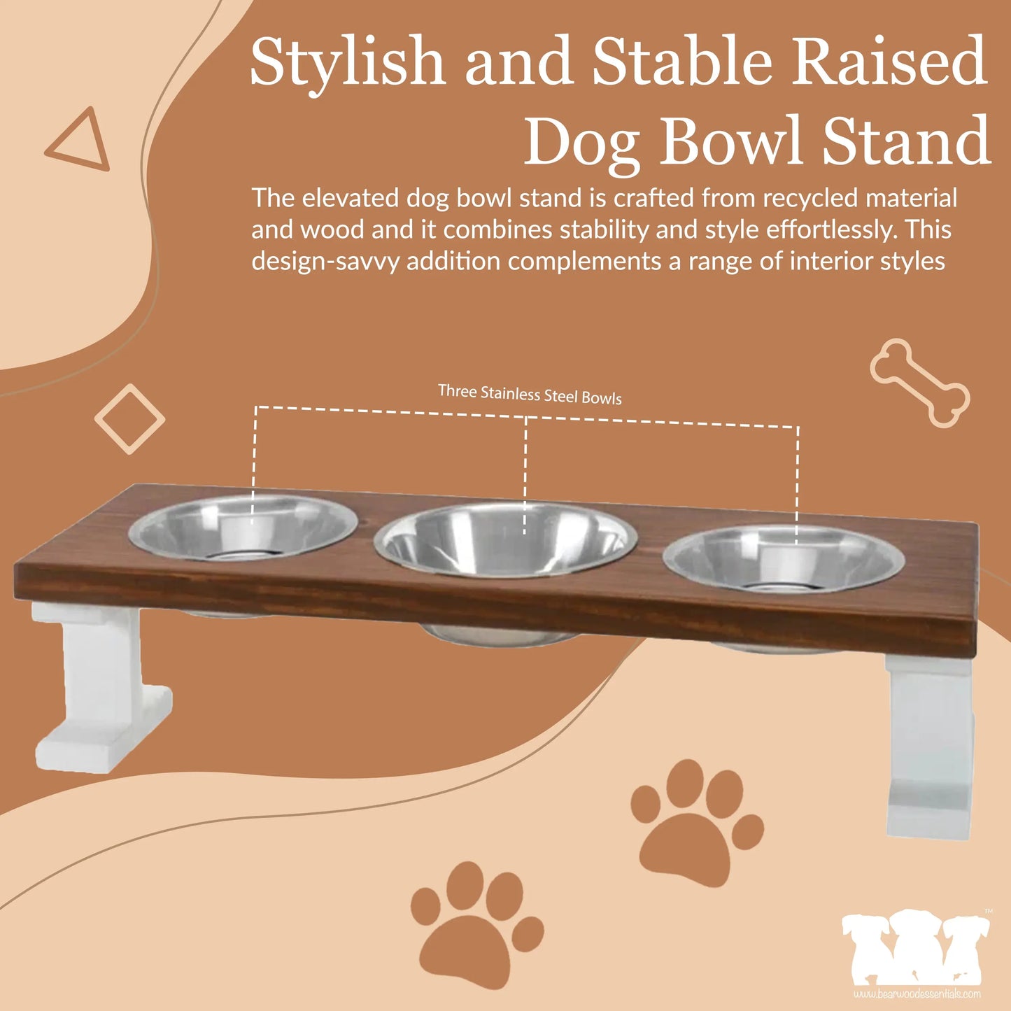 3 Bowl Elevated Regular Feeder - New Design - White Base BearwoodEssentials-Elevated Pet Feeders