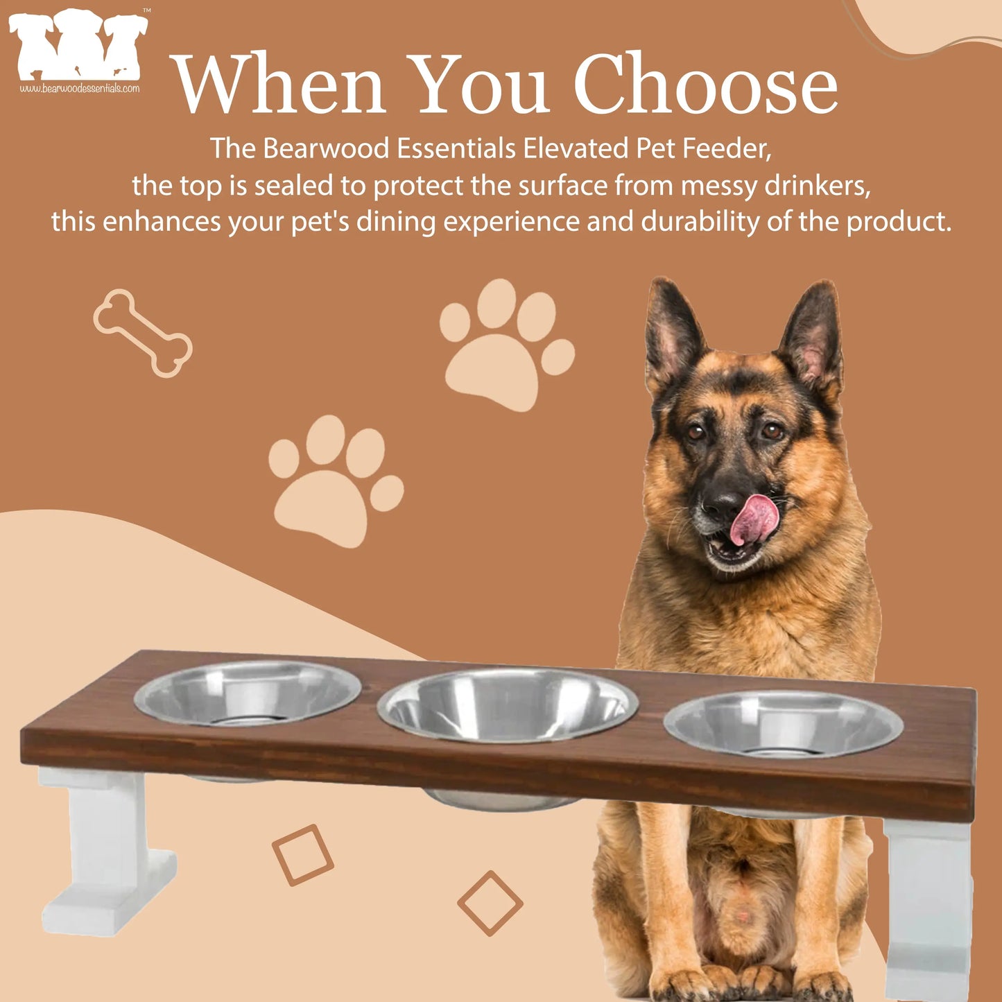 3 Bowl Elevated Regular Feeder - New Design - White Base BearwoodEssentials-Elevated Pet Feeders