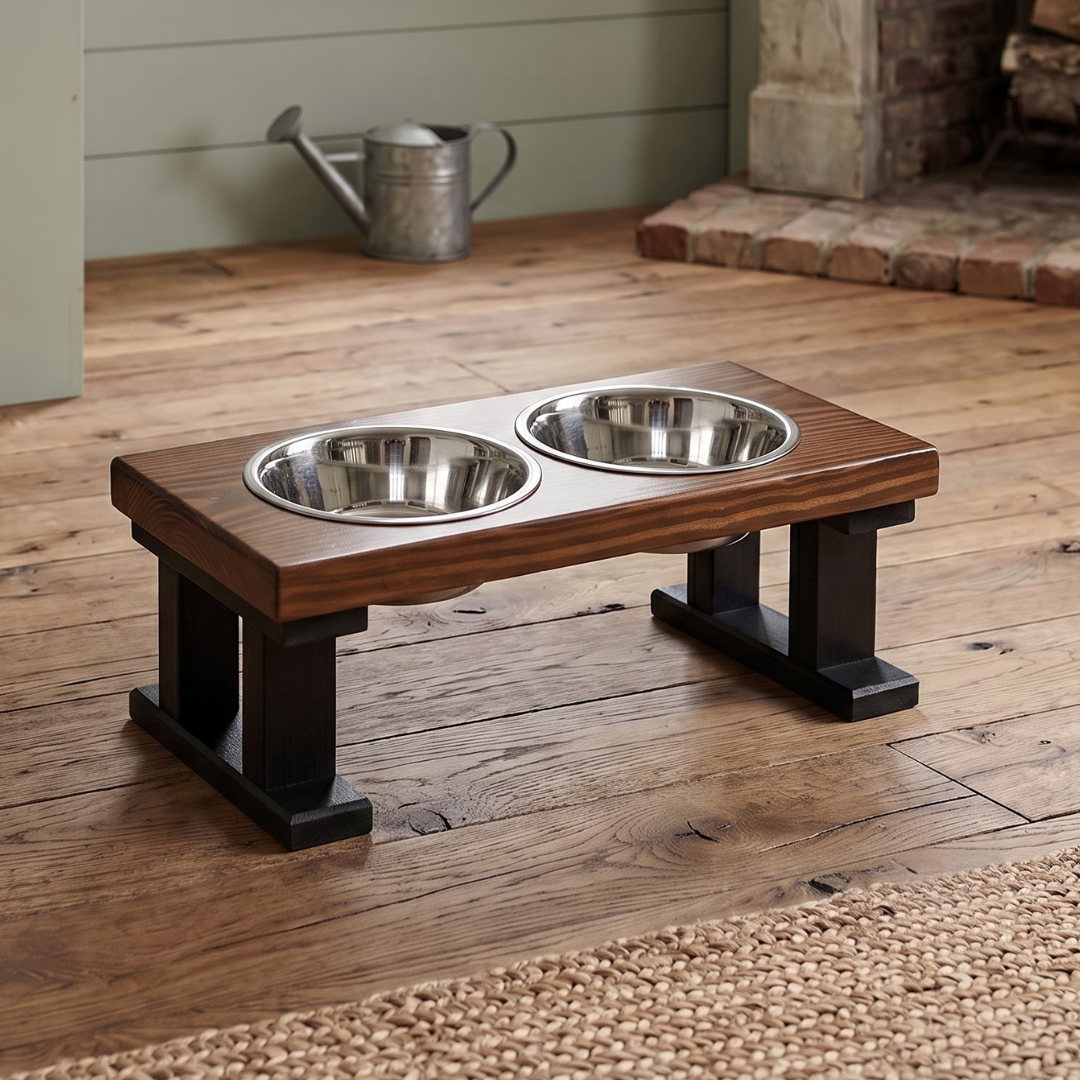 2 Bowl Elevated Regular Feeder - New Design - Black base BearwoodEssentials-Elevated Pet Feeders