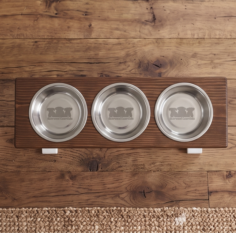 3 Bowl Dog Feeder and Stand Best Triple Diner Feeder For Your Pet - White Base BearwoodEssentials-Elevated Pet Feeders