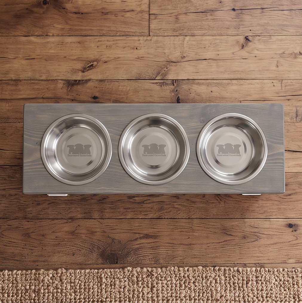 3 Bowl Dog Feeder and Stand Best Triple Diner Feeder For Your Pet - White Base BearwoodEssentials-Elevated Pet Feeders