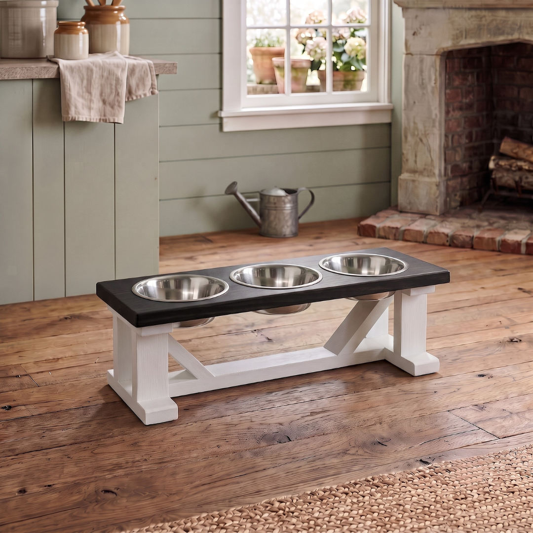 3 Bowl Dog Feeder and Stand Best Triple Diner Feeder For Your Pet - White Base BearwoodEssentials-Elevated Pet Feeders