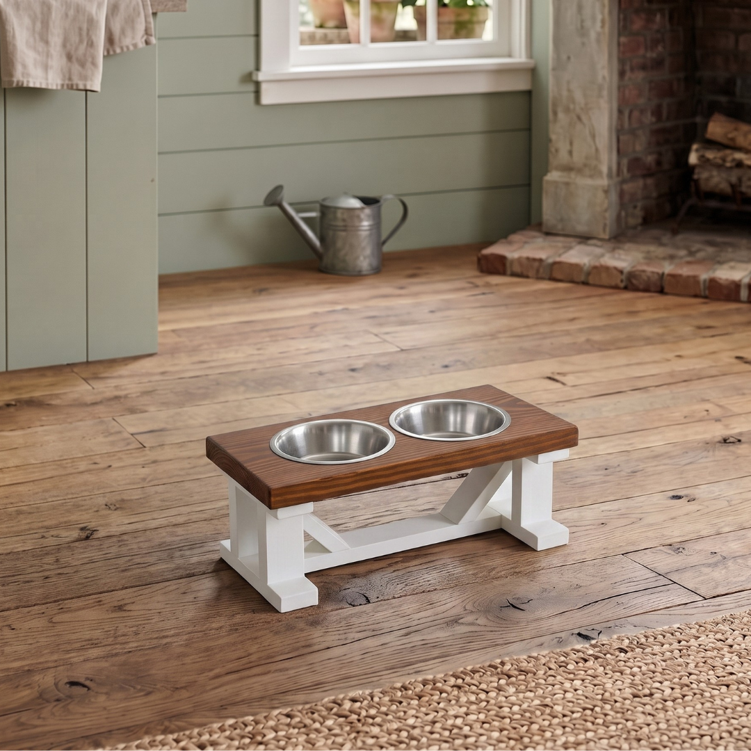 2 Bowl Elevated Dog Stand, Best Raised Dog Feeder with Stained Top - White Base BearwoodEssentials-Elevated Pet Feeders