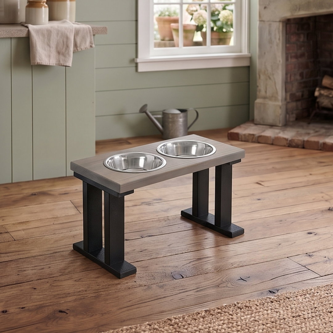 2 Bowl Elevated Regular Feeder - New Design - Black base BearwoodEssentials-Elevated Pet Feeders
