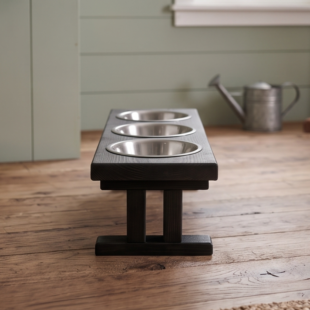 3 Bowl Elevated Regular Feeder - New Design - Black Base BearwoodEssentials-Elevated Pet Feeders