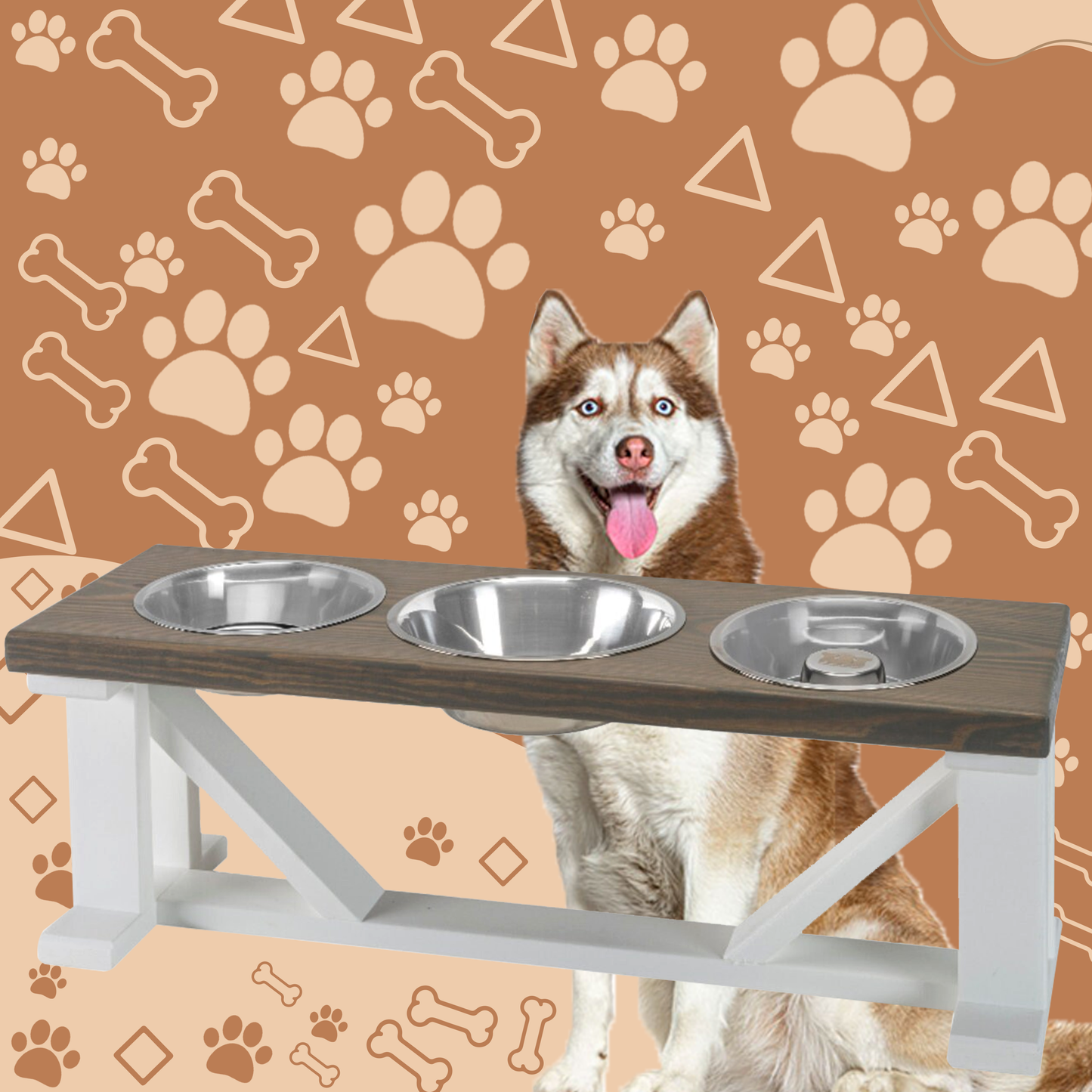 3 Bowl Dog Feeder and Stand Best triple diner feeder with White Bases & Slow Feed Option