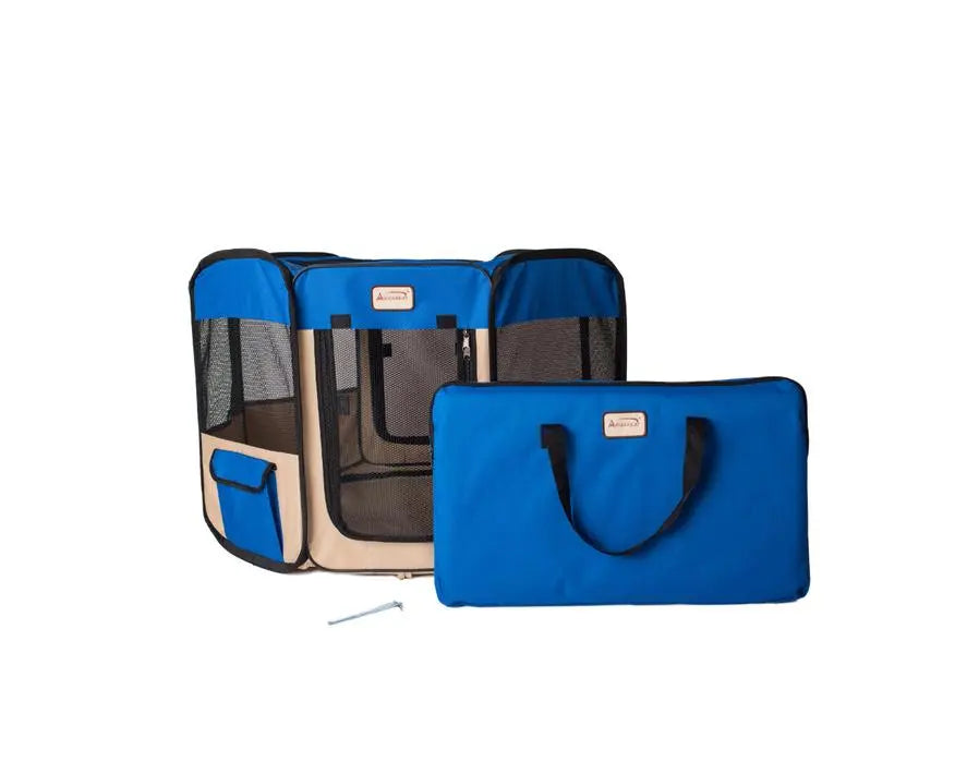 Armarkat Portable Pet Playpen In Blue and Beige Combo BearwoodEssentials-Elevated Pet Feeders