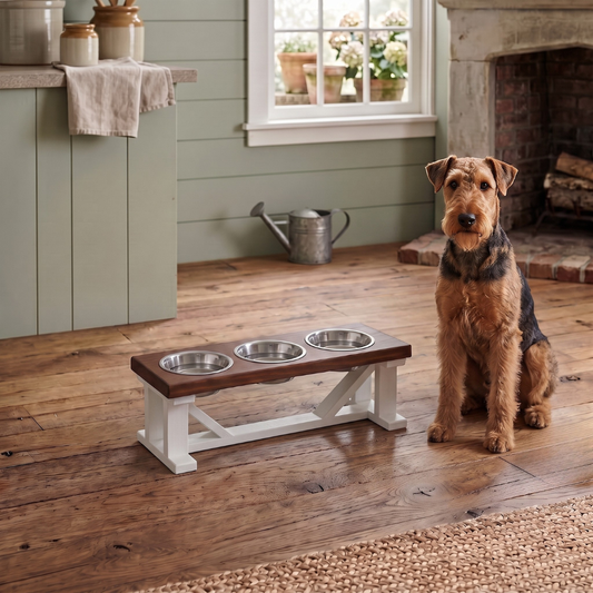 3 Bowl Dog Feeder and Stand Best Triple Diner Feeder For Your Pet - White Base BearwoodEssentials-Elevated Pet Feeders
