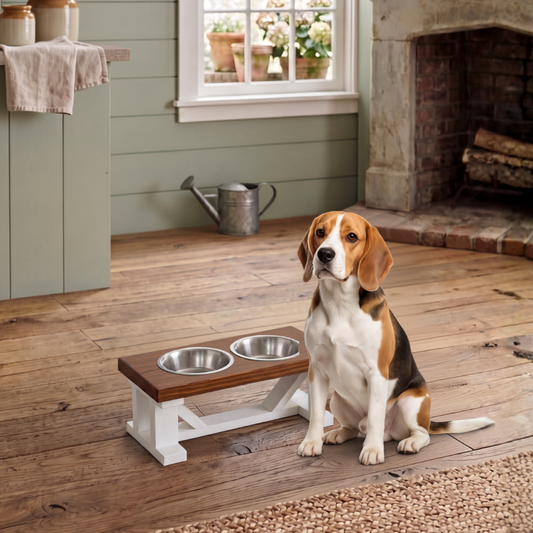 2 Bowl Elevated Dog Stand, Best Raised Dog Feeder with Stained Top - White Base BearwoodEssentials-Elevated Pet Feeders