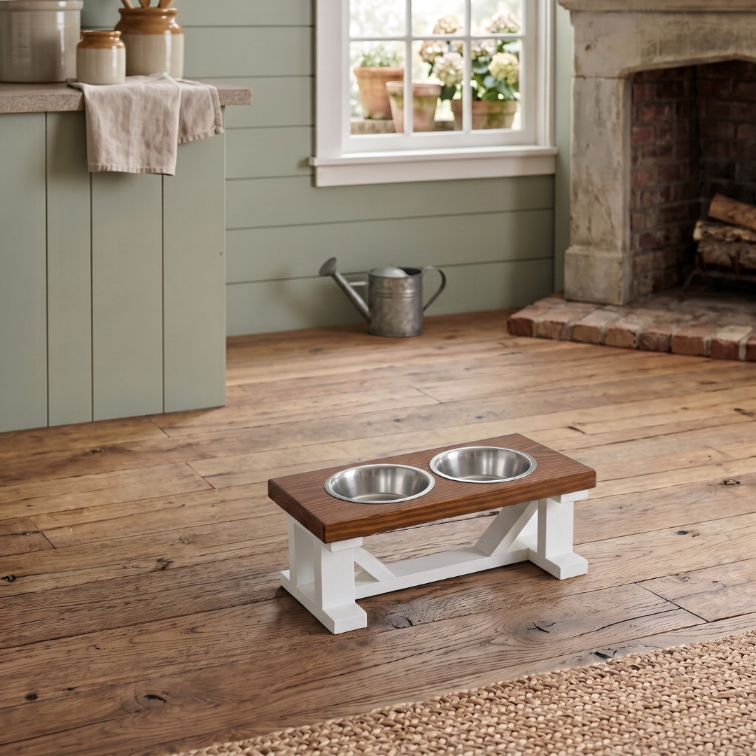 2 Bowl Elevated Dog Stand, Best Raised Dog Feeder with Stained Top - White Base BearwoodEssentials-Elevated Pet Feeders