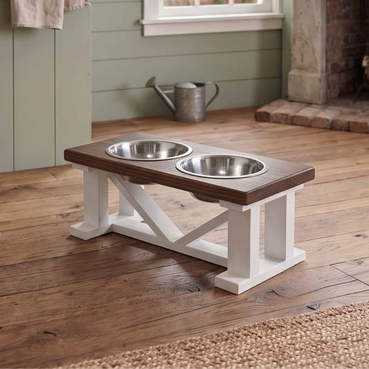 2 Bowl Elevated Dog Stand, Best Raised Dog Feeder with Stained Top - White Base BearwoodEssentials-Elevated Pet Feeders