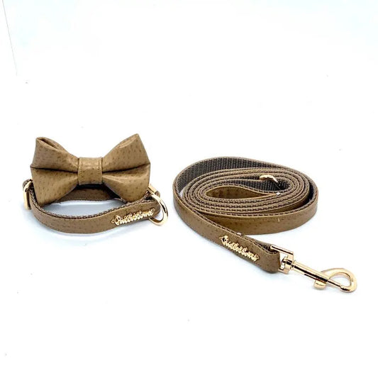 Cappuccino leash, collar, bow tie, set BearwoodEssentials-Elevated Pet Feeders