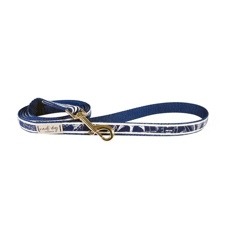 Carta Marina Navy Vintage Nautical Toile Ribbon Dog Leash BearwoodEssentials-Elevated Pet Feeders