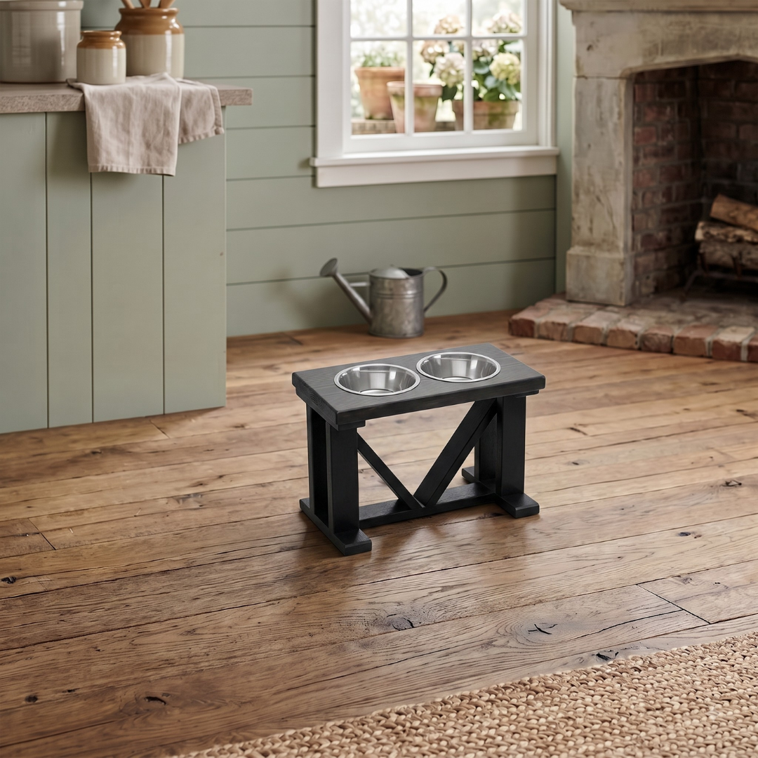 Elevated Dog Bowl, 2 Bowl Classic Farmhouse, Black Bases BearwoodEssentials-Elevated Pet Feeders