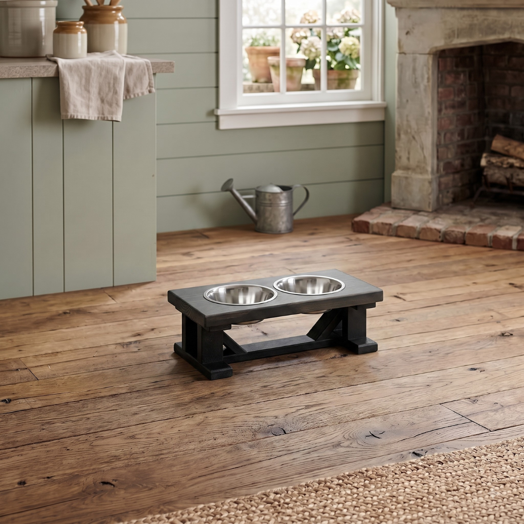 Elevated Dog Bowl, 2 Bowl Classic Farmhouse, Black Bases BearwoodEssentials-Elevated Pet Feeders