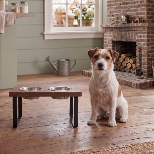 Metal dog bowl feeder. Handmade in two sizes to fit medium or large size dog. BearwoodEssentials-Elevated Pet Feeders
