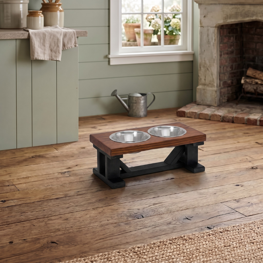 Elevated Dog Bowl, 2 Bowl Classic Farmhouse, Black Bases BearwoodEssentials-Elevated Pet Feeders