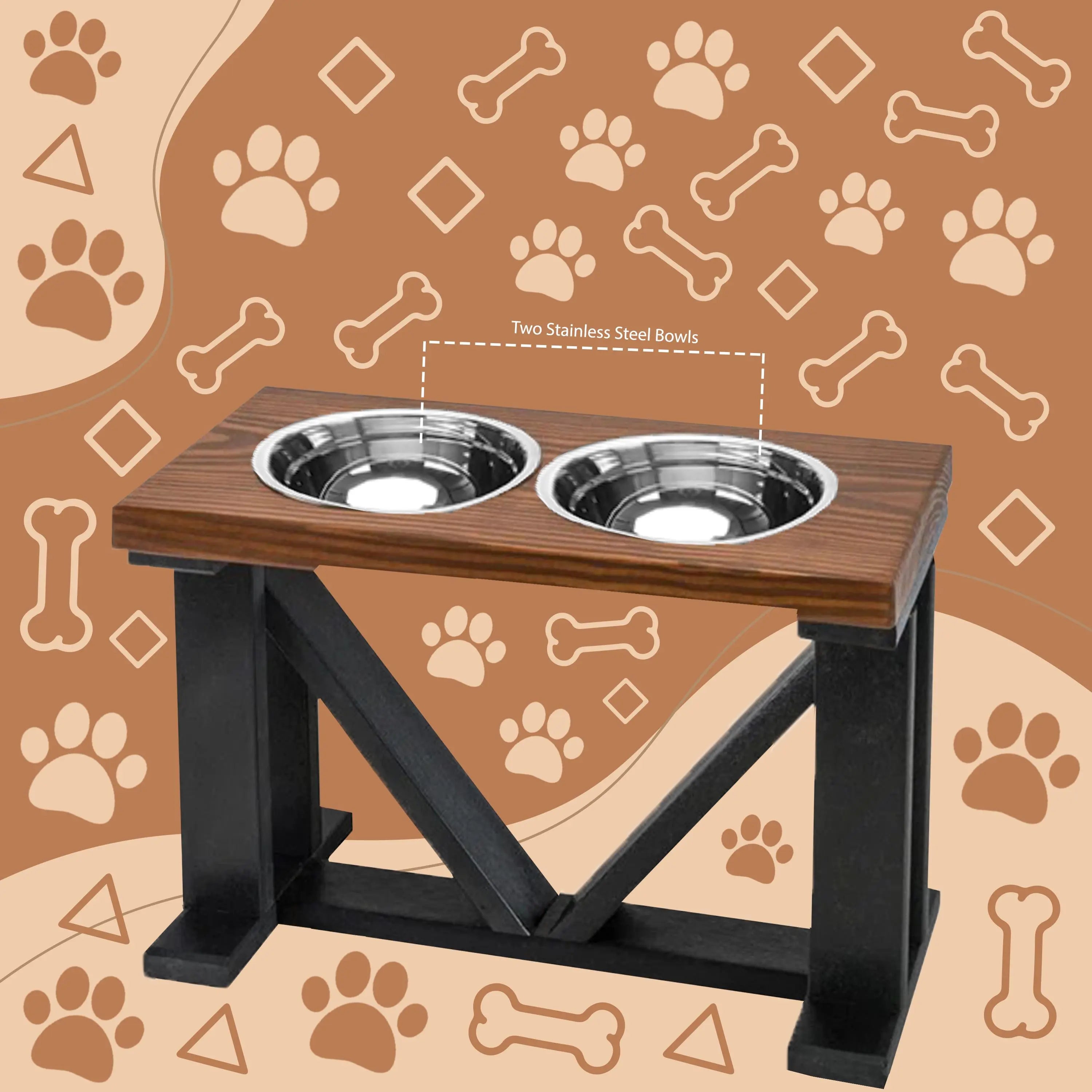 Wooden Raised dog Feeder with 2 Stainless Steel Bowl Dog bowl stand