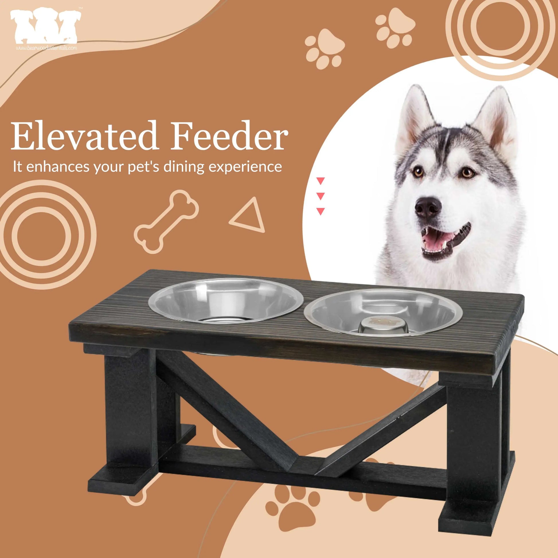 Elevated Dog Bowl, 2 Bowl Classic Farmhouse, Black Bases, With Slow Feed Option BearwoodEssentials-Elevated Pet Feeders