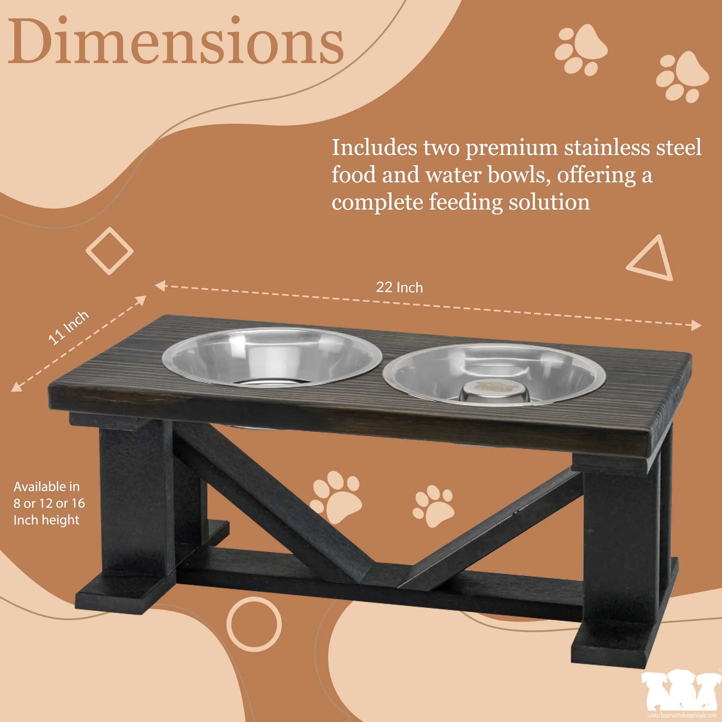 Elevated Dog Bowl, 2 Bowl Classic Farmhouse, Black Bases, With Slow Feed Option BearwoodEssentials-Elevated Pet Feeders