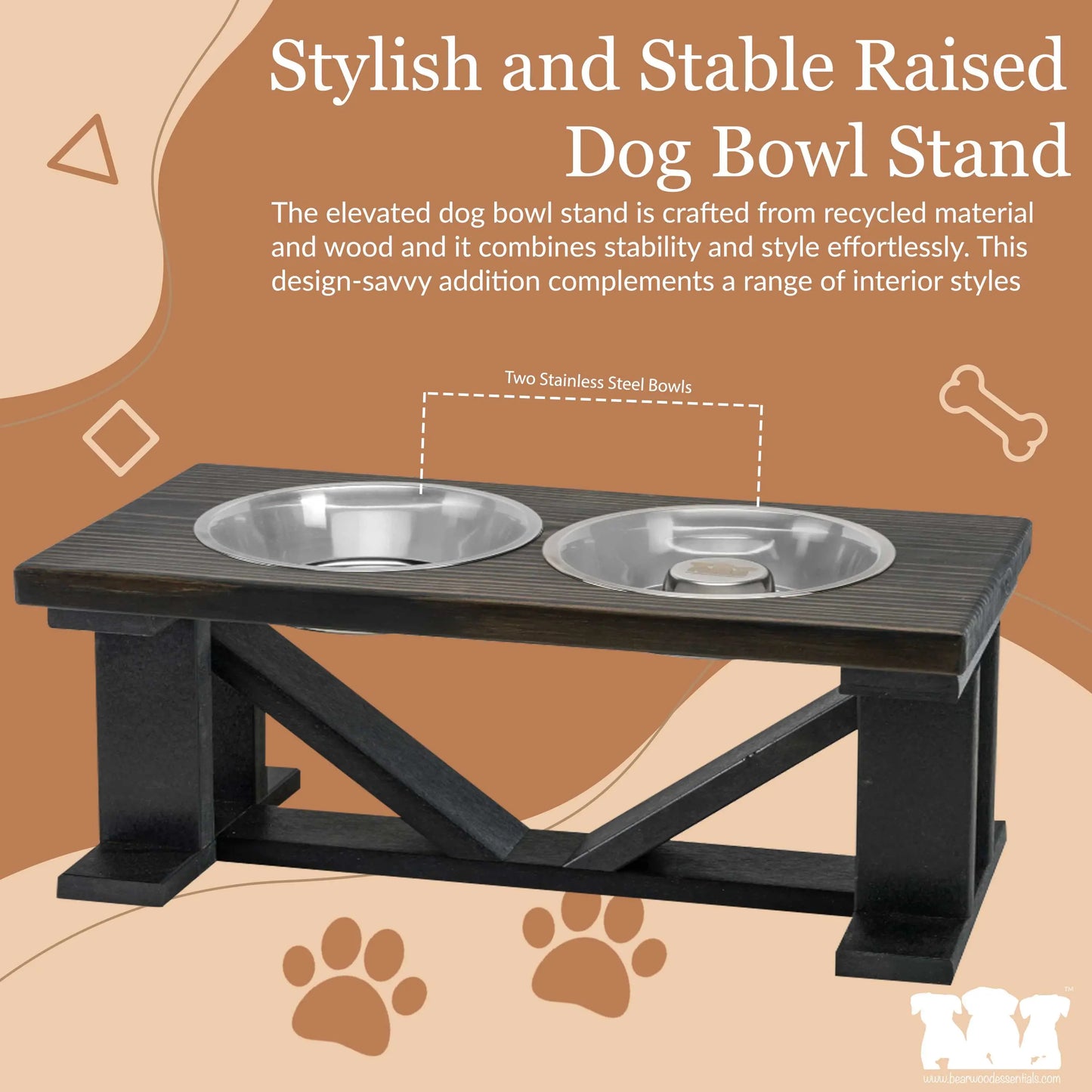 Elevated Dog Bowl, 2 Bowl Classic Farmhouse, Black Bases, With Slow Feed Option BearwoodEssentials-Elevated Pet Feeders