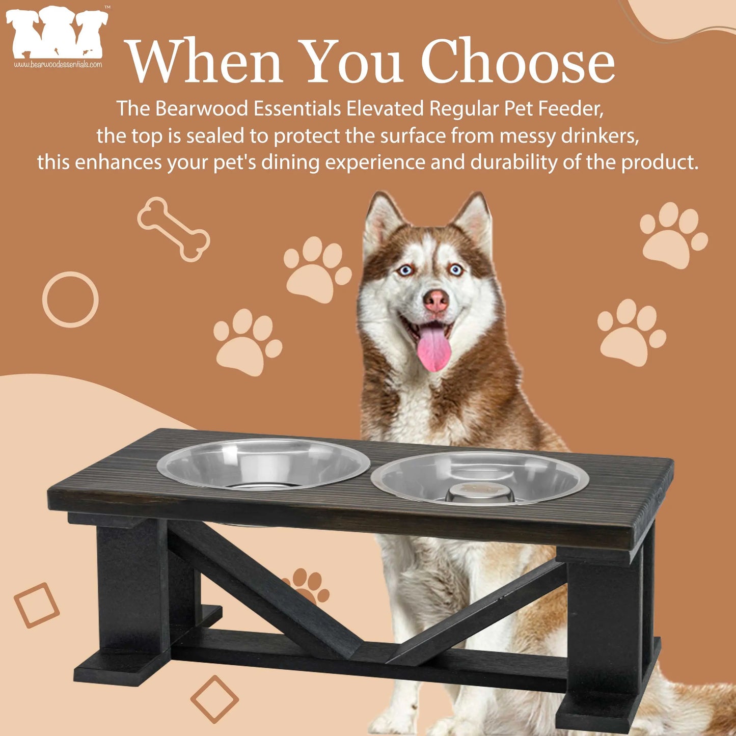 Elevated Dog Bowl, 2 Bowl Classic Farmhouse, Black Bases, With Slow Feed Option BearwoodEssentials-Elevated Pet Feeders