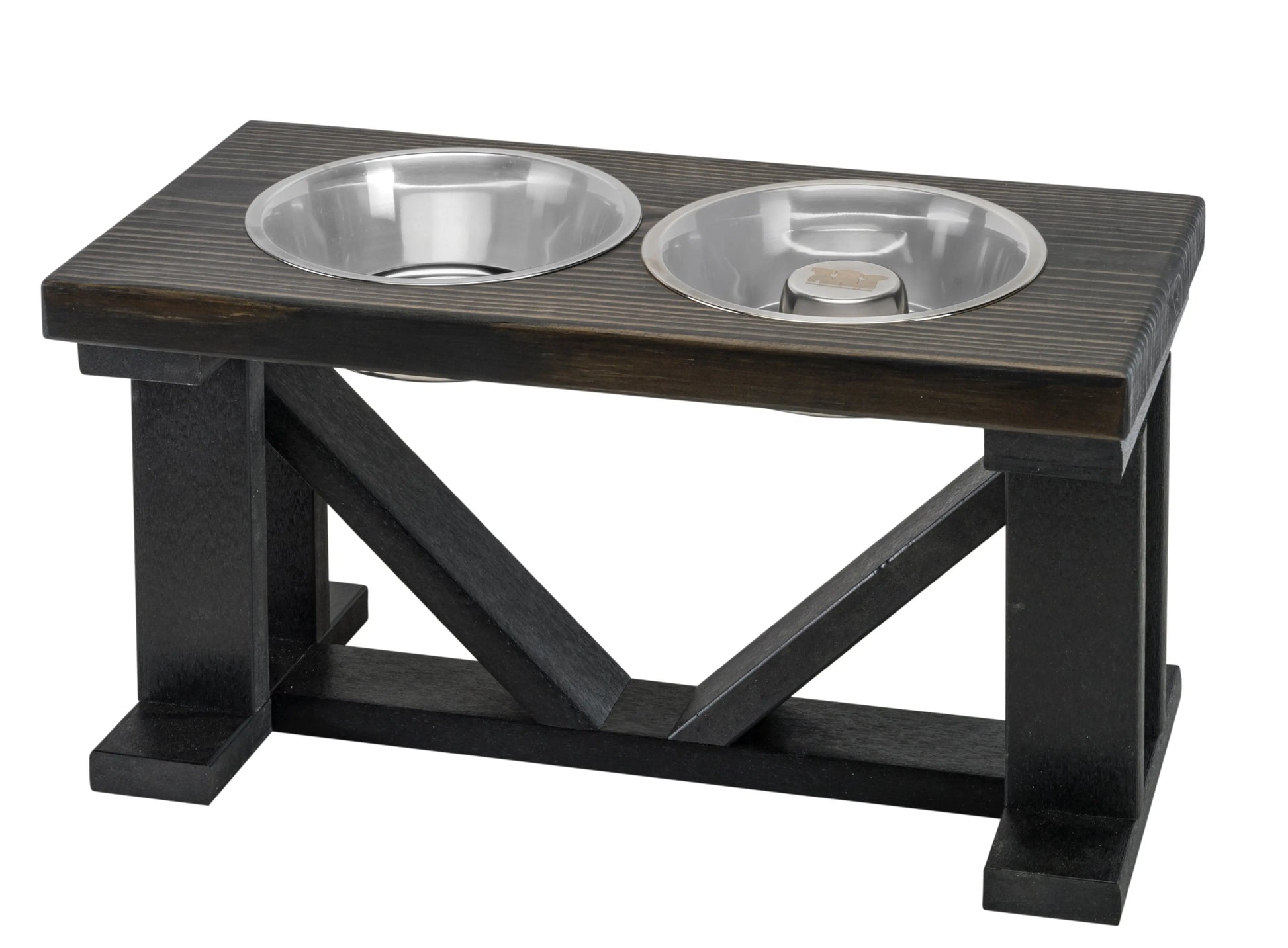 Elevated Dog Bowl, 2 Bowl Classic Farmhouse, Black Bases, With Slow Feed Option BearwoodEssentials-Elevated Pet Feeders