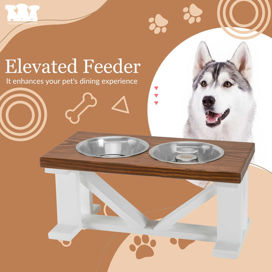 Elevated Dog Bowl, Classic Farmhouse, With Slow Feeder Option, White Base BearwoodEssentials-Elevated Pet Feeders