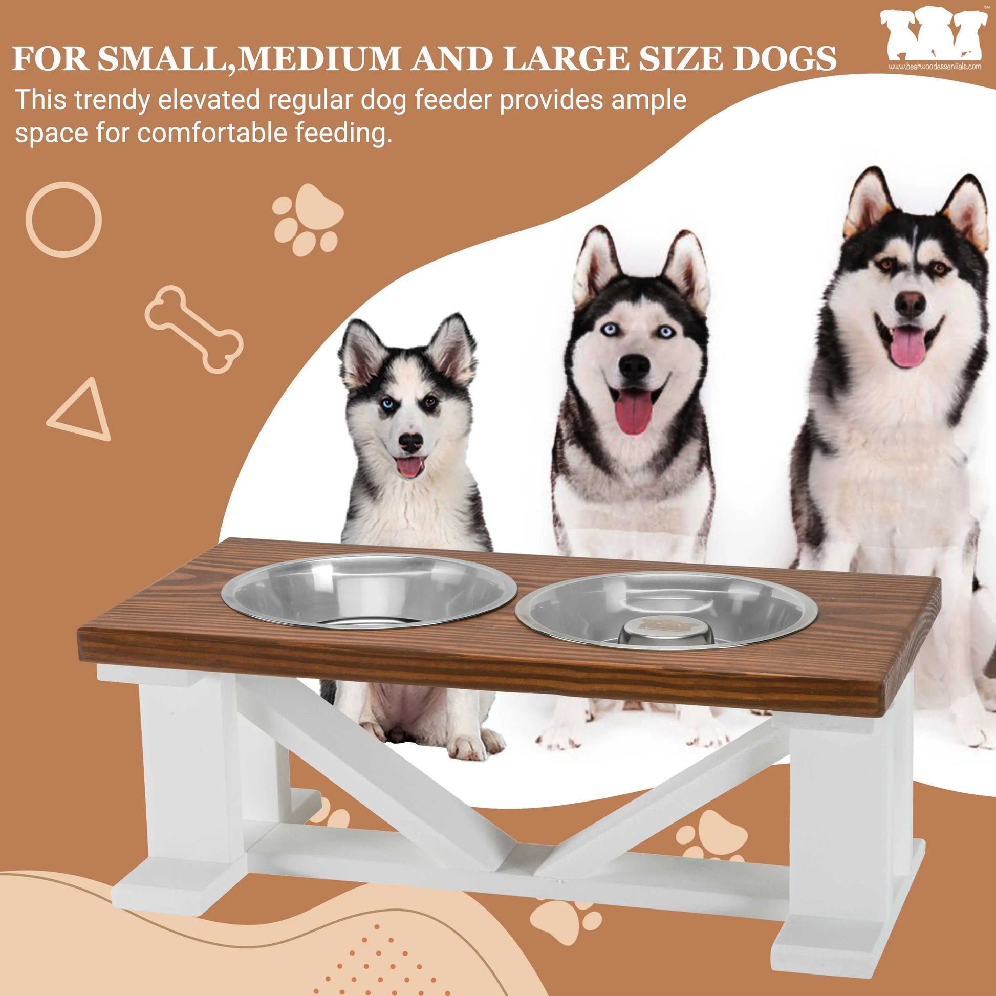 Elevated Dog Bowl, Classic Farmhouse, With Slow Feeder Option, White Base BearwoodEssentials-Elevated Pet Feeders