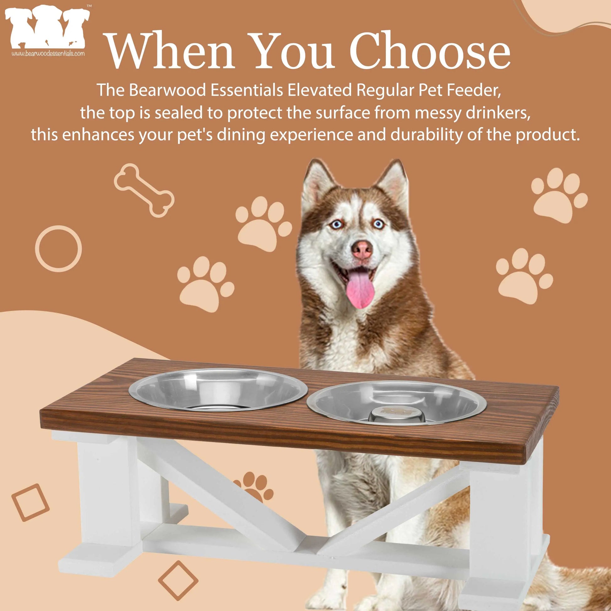 Elevated Dog Bowl, Classic Farmhouse, With Slow Feeder Option, White Base BearwoodEssentials-Elevated Pet Feeders