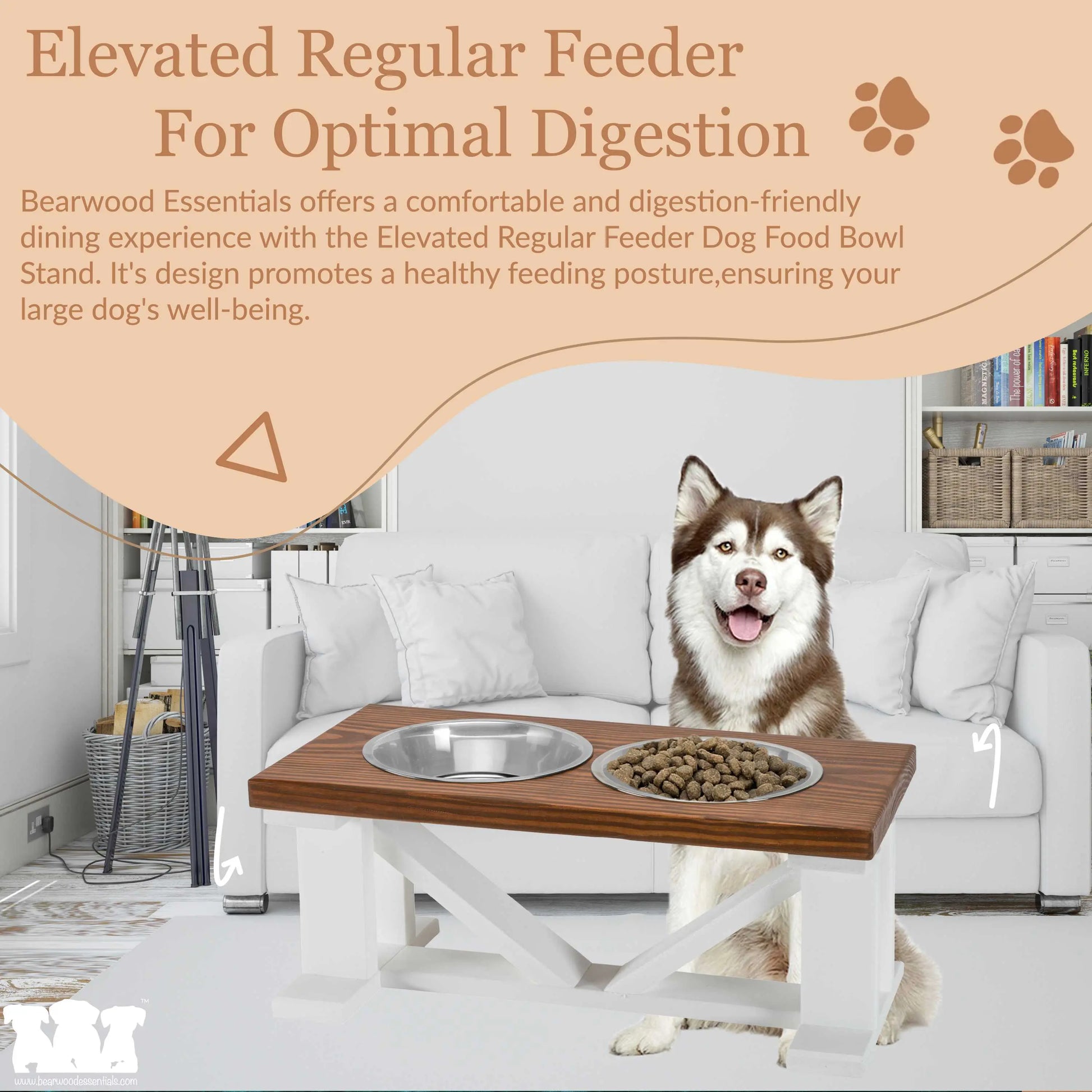 Elevated Dog Bowl, Classic Farmhouse, With Slow Feeder Option, White Base BearwoodEssentials-Elevated Pet Feeders