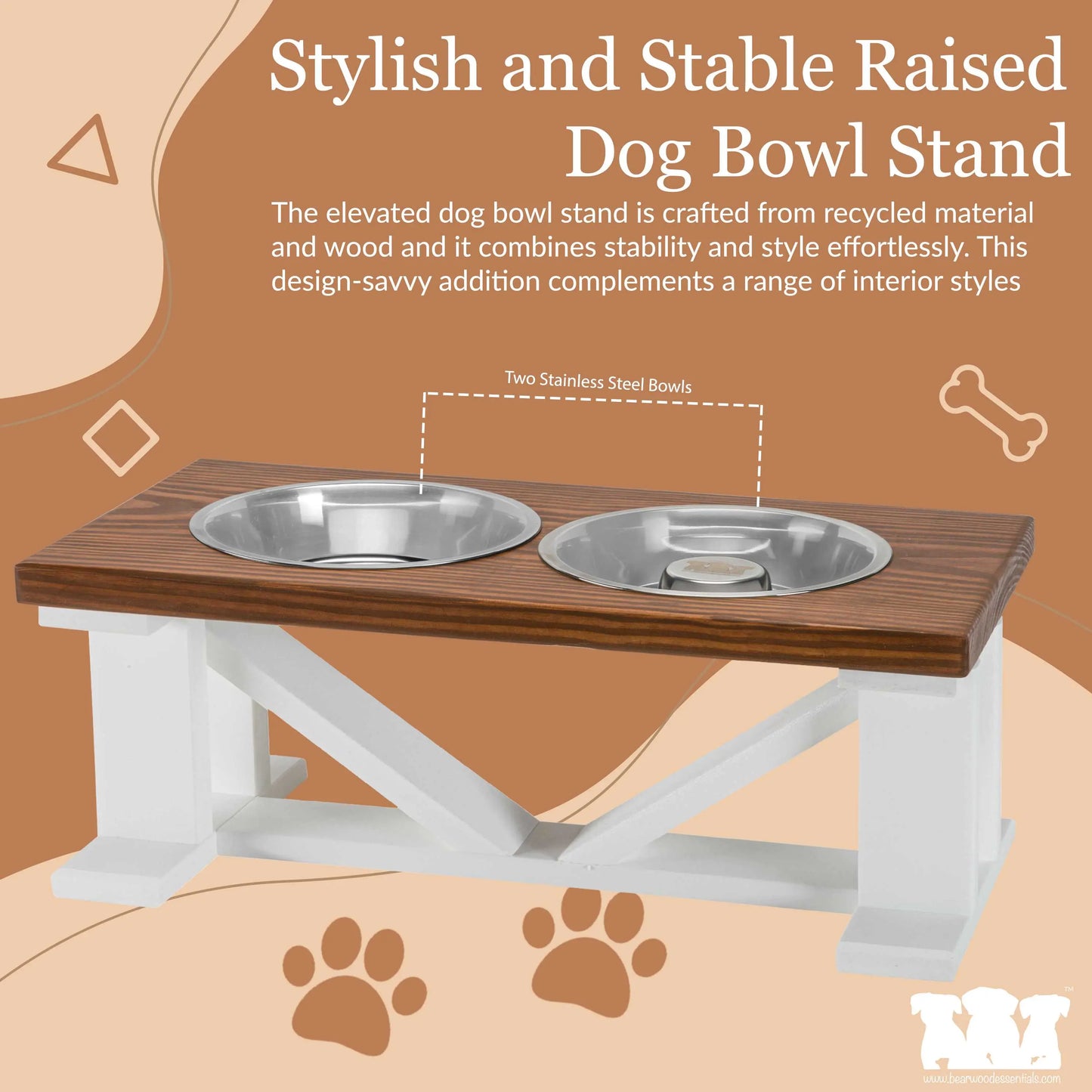 Elevated Dog Bowl, Classic Farmhouse, With Slow Feeder Option, White Base BearwoodEssentials-Elevated Pet Feeders