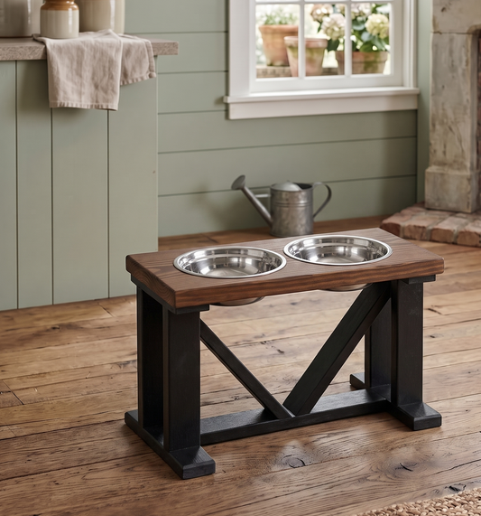 Elevated Dog Bowl, 2 Bowl Classic Farmhouse, Black Bases BearwoodEssentials-Elevated Pet Feeders