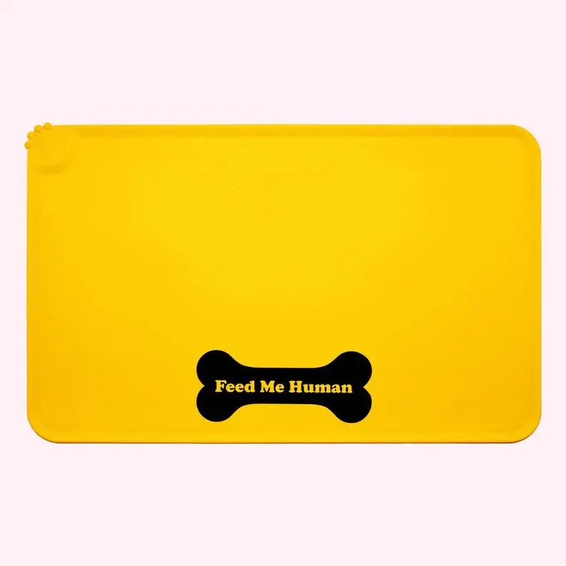 "Feed Me Human" Yellow Dog Food Mat BearwoodEssentials-Elevated Pet Feeders