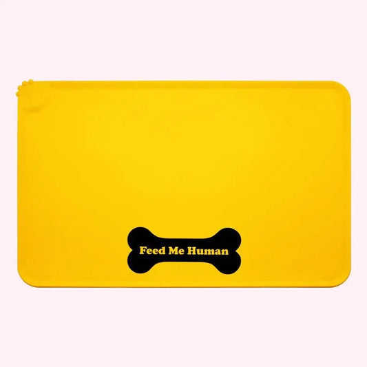 "Feed Me Human" Yellow Dog Food Mat BearwoodEssentials-Elevated Pet Feeders