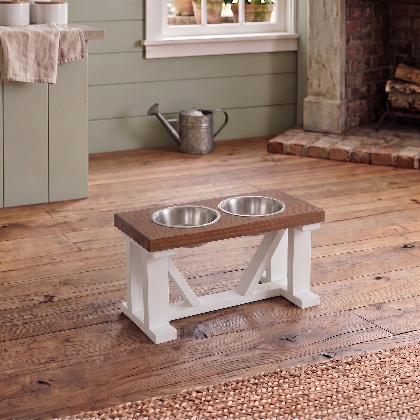 2 Bowl Elevated Dog Stand, Best Raised Dog Feeder with Stained Top - White Base BearwoodEssentials-Elevated Pet Feeders