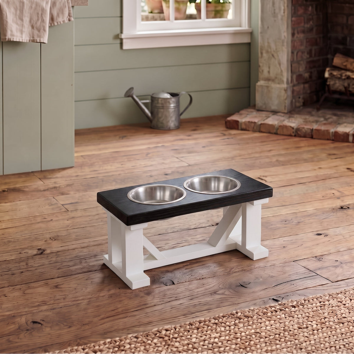 2 Bowl Elevated Dog Stand, Best Raised Dog Feeder with Stained Top - White Base BearwoodEssentials-Elevated Pet Feeders
