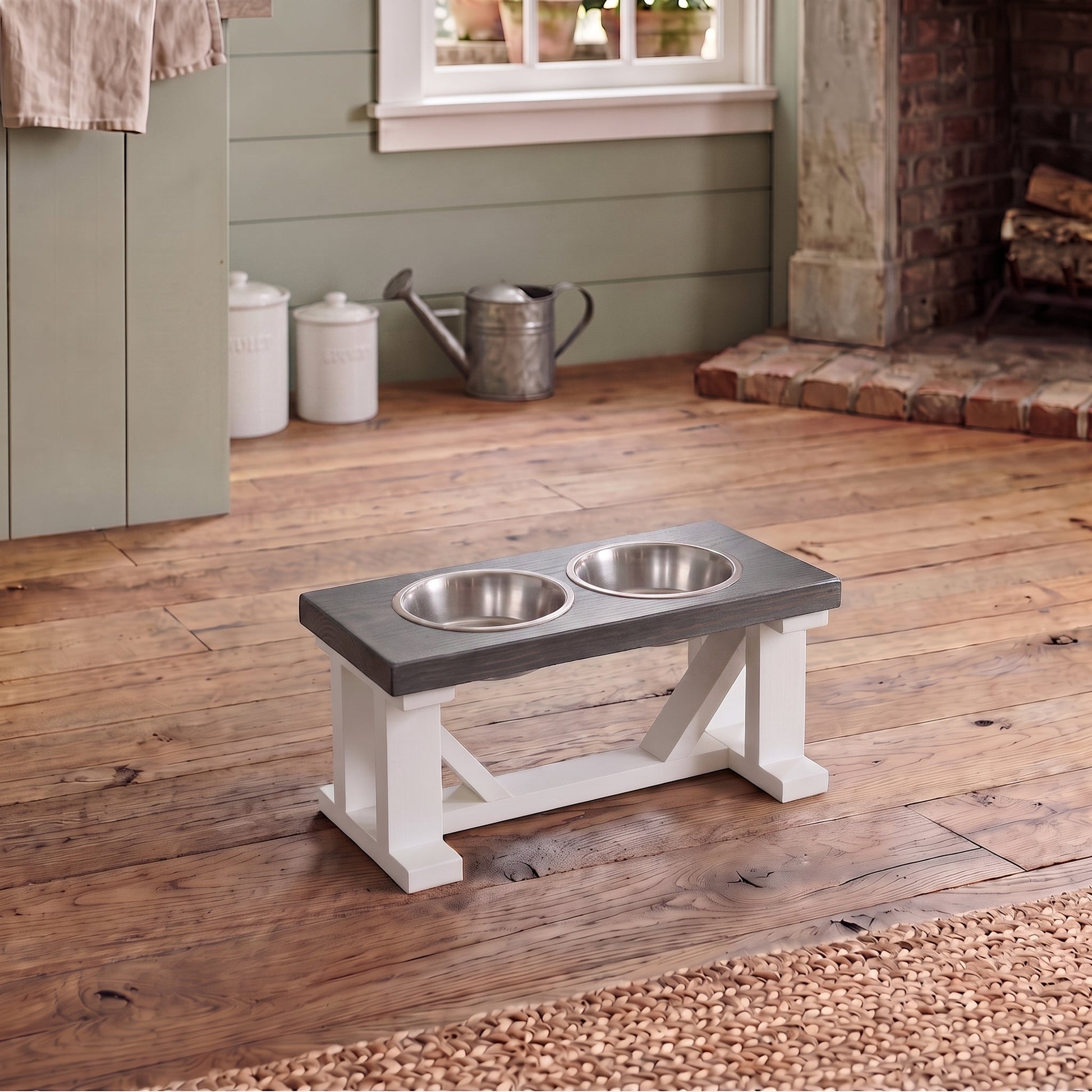 2 Bowl Elevated Dog Stand, Best Raised Dog Feeder with Stained Top - White Base BearwoodEssentials-Elevated Pet Feeders