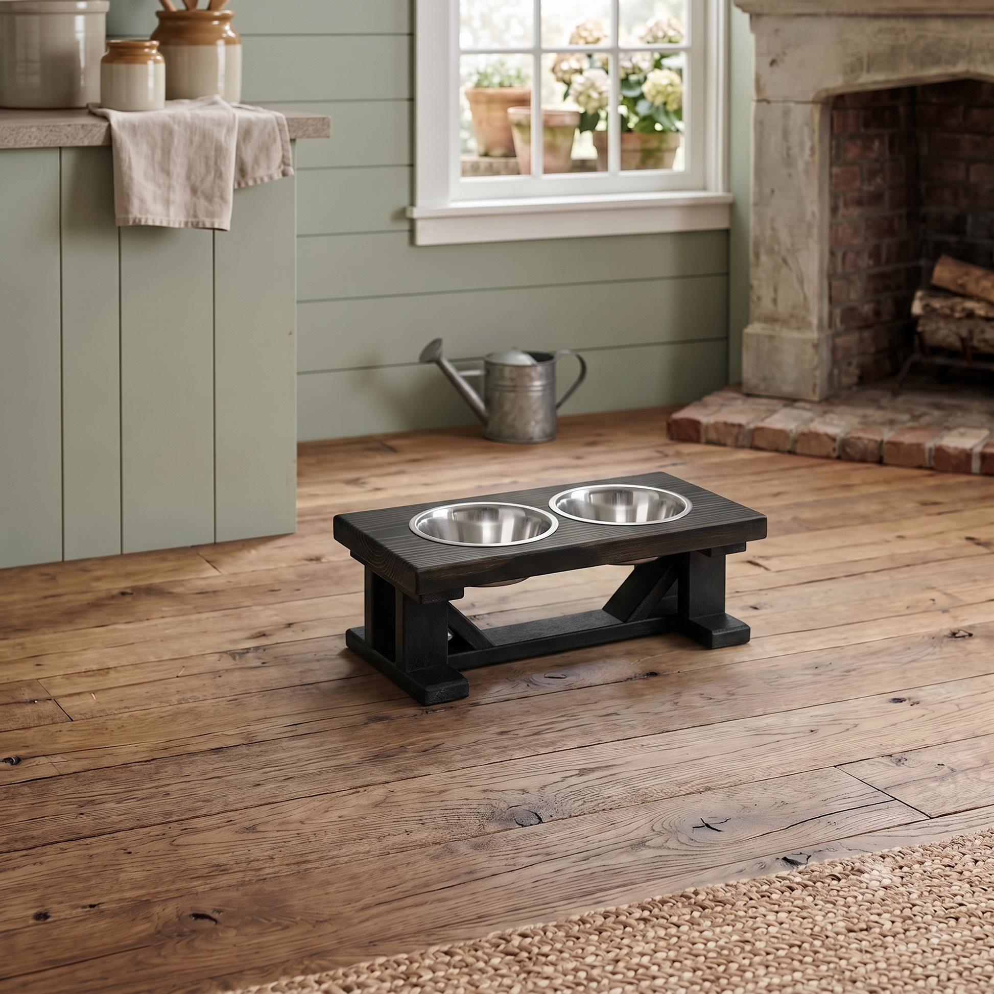 Elevated Dog Bowl, 2 Bowl Classic Farmhouse, Black Bases BearwoodEssentials-Elevated Pet Feeders