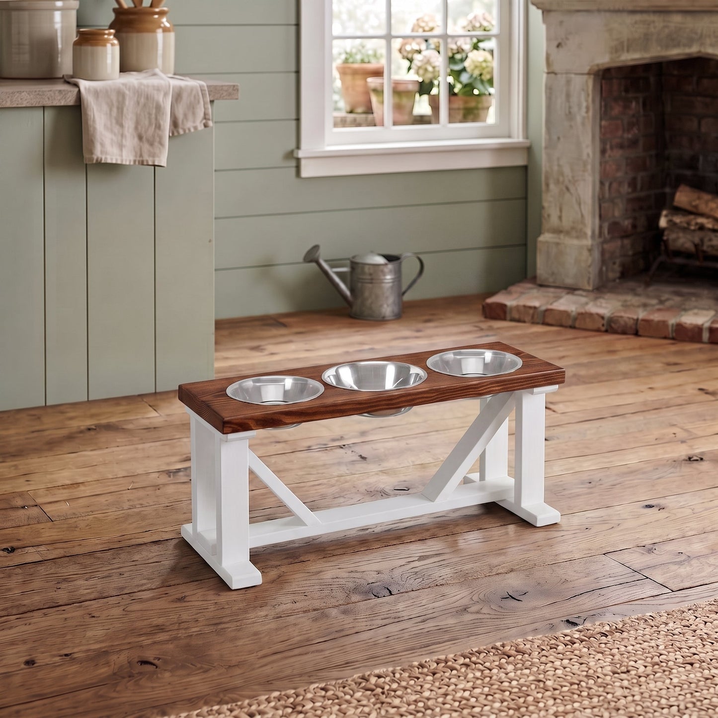 3 Bowl Dog Feeder and Stand Best Triple Diner Feeder For Your Pet - White Base BearwoodEssentials-Elevated Pet Feeders